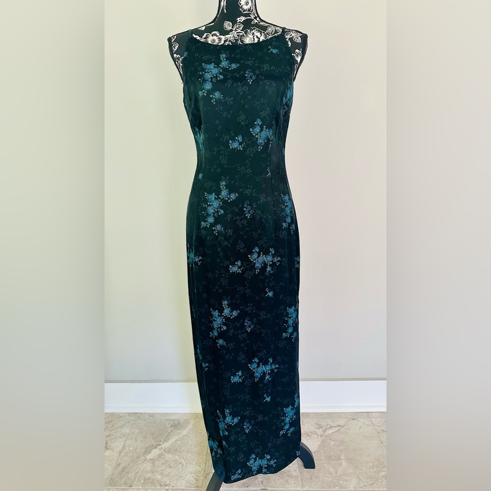Vintage black satin blue floral dress